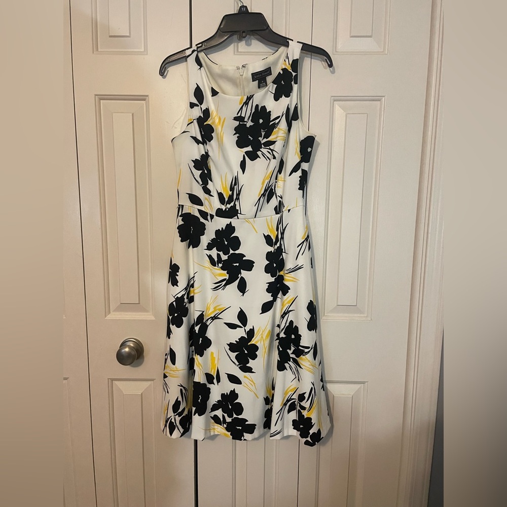 Black, white, and yellow floral midi dress